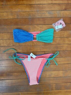 aerie Striped Bandeau Bikini Set in Blue, Green, and Pink